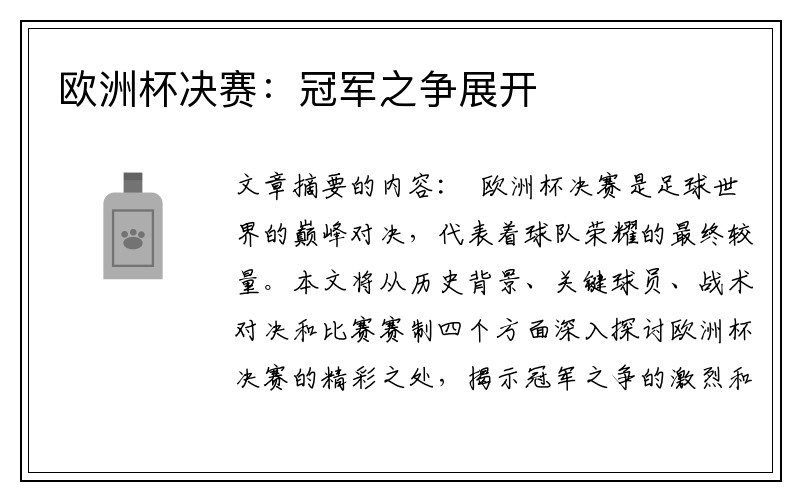 欧洲杯决赛：冠军之争展开
