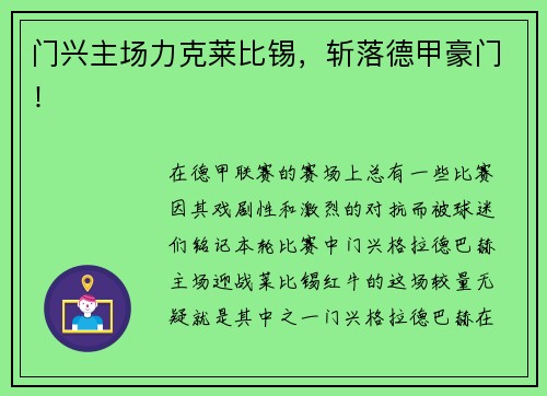 门兴主场力克莱比锡，斩落德甲豪门！