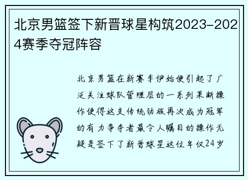北京男篮签下新晋球星构筑2023-2024赛季夺冠阵容